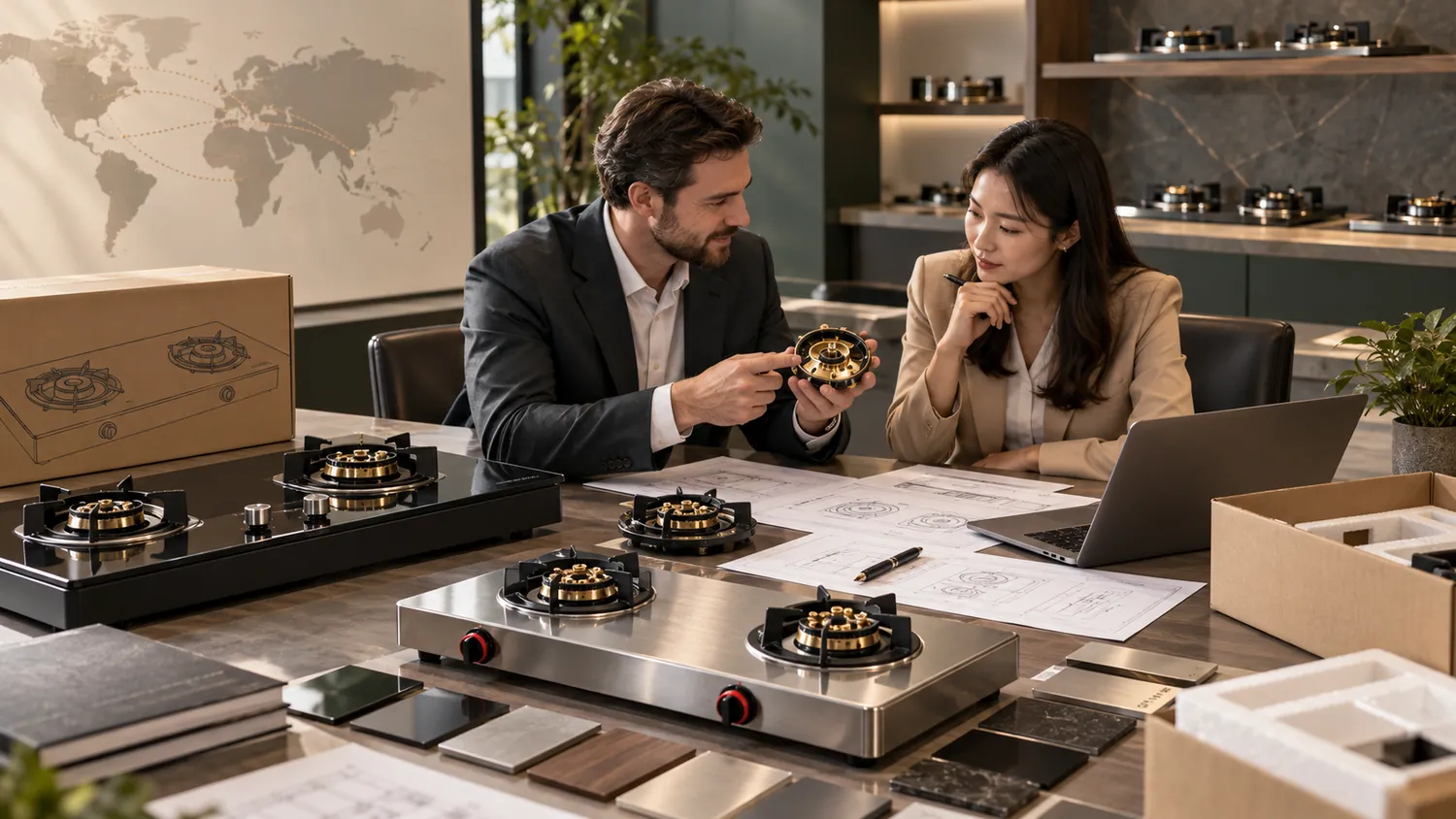 Professionals reviewing gas stove parts and material samples