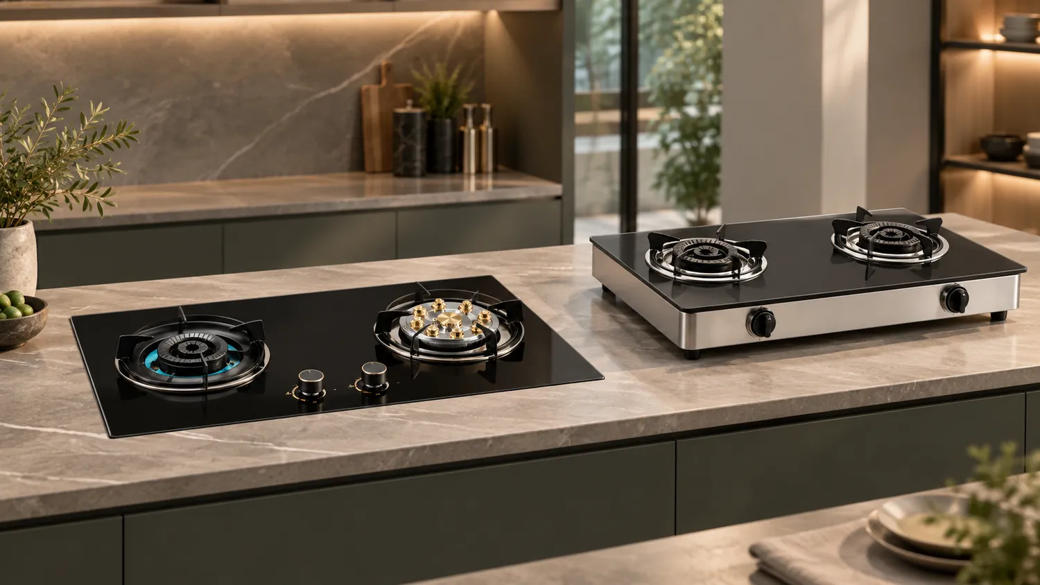 Two gas stove installation formats in a contemporary kitchen setting