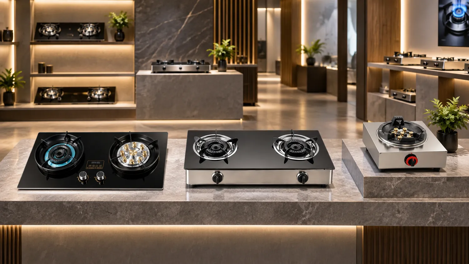 Gas stove showroom presenting metal-body and glass-surface stove formats